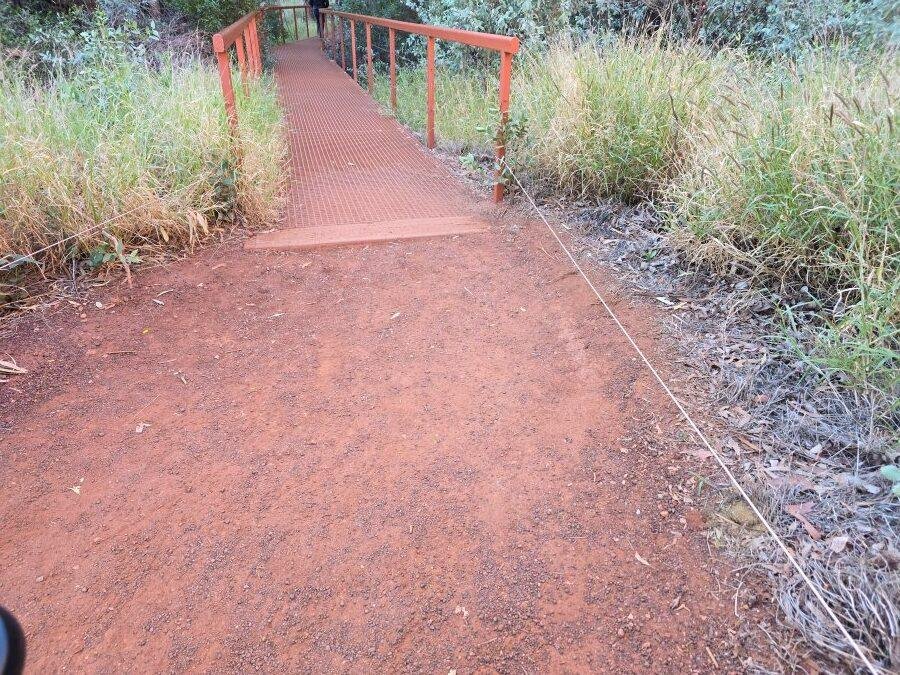 A red dirt path leads to a small metal bridge with orange railings, surrounded by tall green grass and vegetation on both sides. A thin wire runs along the ground beside the path.