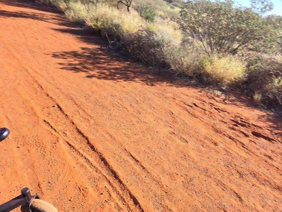 A reddish dirt road bordered by dry grass and bushes. Tire tracks are visible on the road, and part of a bicycle wheel appears on the left edge of the image.